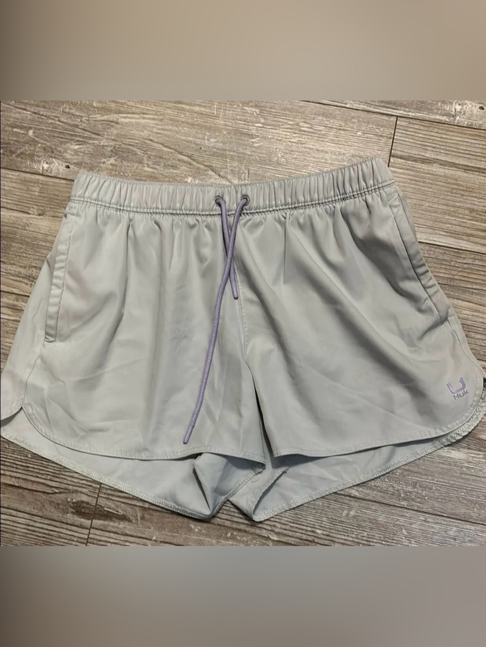 Huk Light Gray Athletic Shorts with Lavender Drawstring